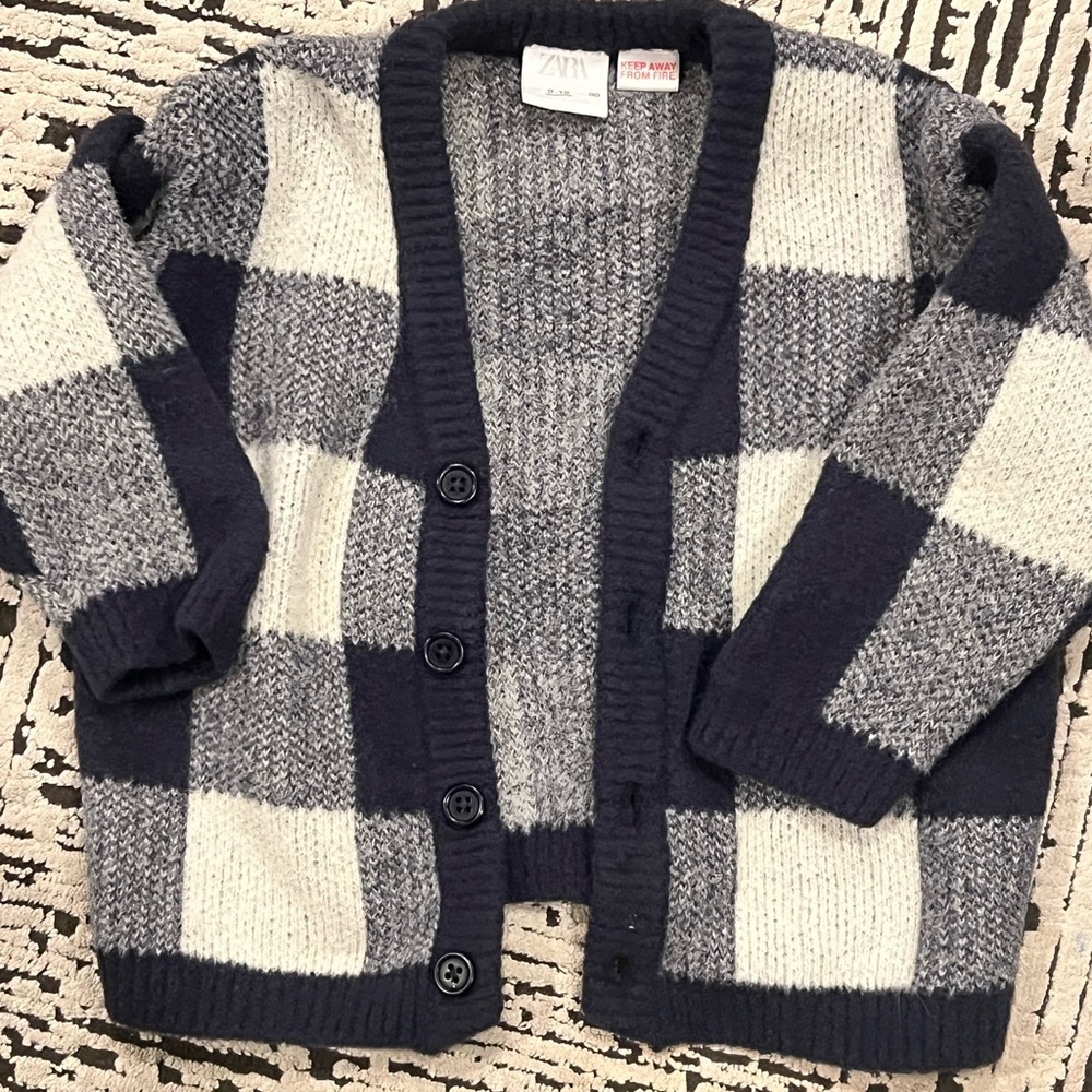 Zara Kids Blue and White Plaid Cardigan